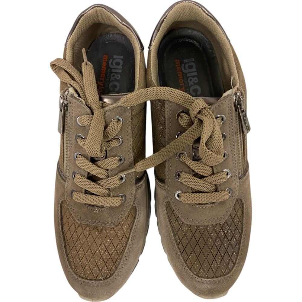 IGI&CO Italy Sport Athletic Shoes Womens 7.5 Anika Taupe Lace Up Zip Memory Foam